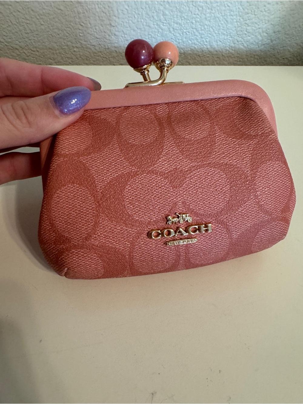 Coach Pink Signature Kiss-Lock Coin Pouch with Two-Tone Beads - Picture 5 of 6